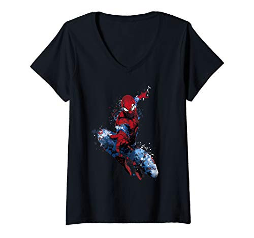 Womens Marvel Spider-Man Paint Splatter Action Pose Portrait V-Neck T-Shirt