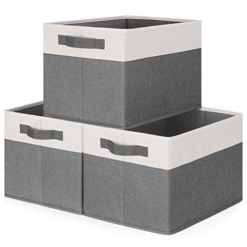 Lifewit Storage Bins Fabric Storage Baskets Collapsible 3 Pack Cube Boxes Shelves Organizers with Sturdy Handles for Closet Nursery Cabinet Living Room Bedroom  15x11x9.6 in  Grey