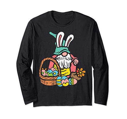 Nordic Garden Gnome Bunny Easter Eggs Basket Tomte Nisse Long Sleeve T-Shirt