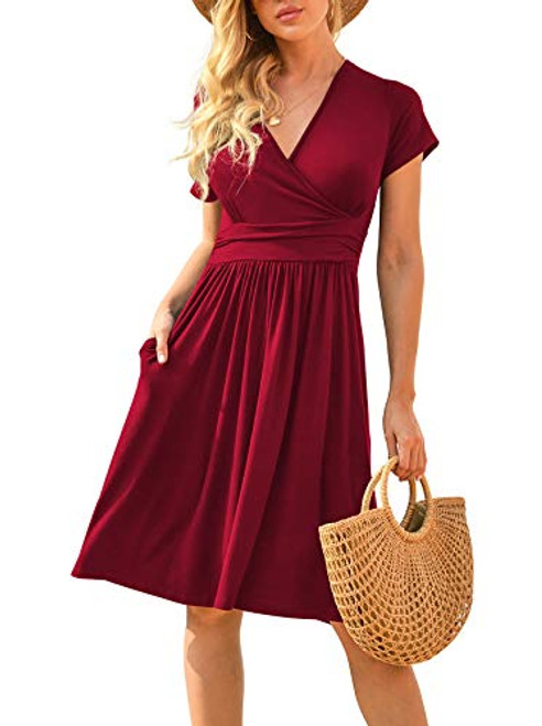 LILBETTER Women Summer Casual Short Sleeve Dresses Empire Waist Dress with Pockets Wine Red Medium LILBETTER Women Summer Casual Short Sleeve Dresses Empire Waist Dress with Pockets Wine Red Medium