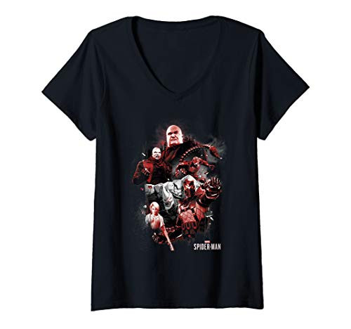 Womens Marvel Spider-Man Character Paint Splatter Collage V-Neck T-Shirt