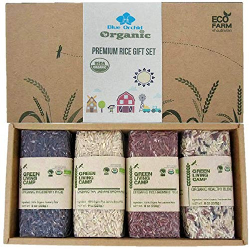 100% USDA Certified Organic Thai Jasmine Rice Gift Set - 2 Lb - Medley Rice 4 Kinds - Brown Jasmine - Red Jasmine - Black Jasmine Riceberry - Mixed Jasmine Rice
