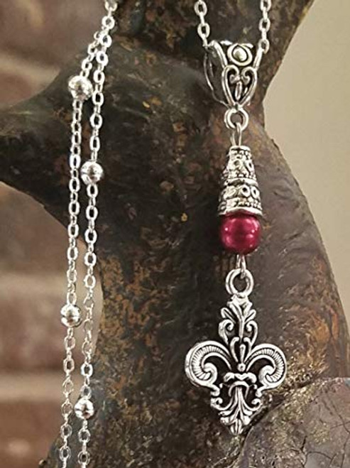 Fleur de Lis Necklace on Sterling Silver Chain Red Accent