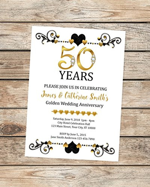 50th Wedding Anniversary Invitation  Black And Gold 50th Anniversary Invitation  Golden Anniversary Invite  Scrolls And Hearts Invitation