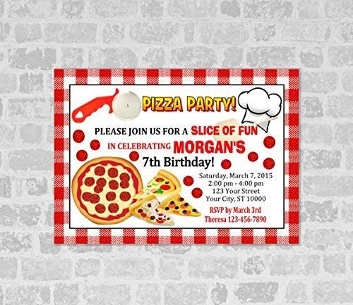 Pizza Birthday Party Invitations  Custom Chef Hat Pizza Baking Cooking Party Invites  Red Gingham Plaid Pizza Party Invitations