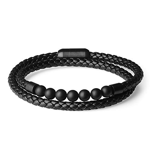 COAI Mens Matte Onyx Stone Beaded Leather Bracelet