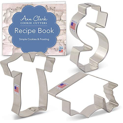 Graduation/New Job Cookie Cutter Set with Recipe Booklet - 3 piece - Dollar Sign, Graduation Cap and Graduation Gown - Ann Clark - USA Made Steel