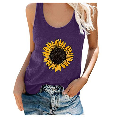 Hotkey Womens Tank Tops  Women Round Neck Sunflower Print Workout Vest Casual Summer Sleeveless Tunic Tops Blouse Shirts Purple