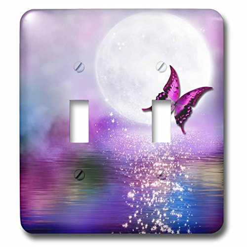 3dRose  lsp_263244_2  Double Toggle Switch Purple lake in the moonlight with glitter and butterfly