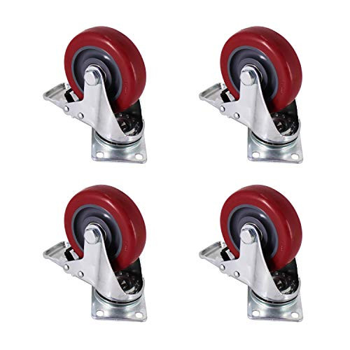 HFS R  4PCS Caster Wheels Swivel Plate Stem Brake Casters On Red Polyurethane Wheels  4 inch with brake