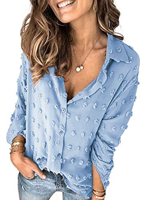 AlvaQ Women's Blue Chiffon Tops Loose Casual Swiss Dot Long Sleeve Button Down Blouses Pom Pom Boho Shirts Medium