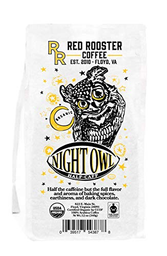 Red Rooster Coffee Roaster "Night Owl Half-Caff" Medium Roasted Fair Trade Organic Shade Grown Whole Bean Coffee - 12 Ounce Bag
