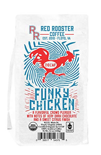 Red Rooster Coffee Roaster "Decaf Funky Chicken" Medium Roasted Fair Trade Organic Whole Bean Coffee - 12 Ounce Bag