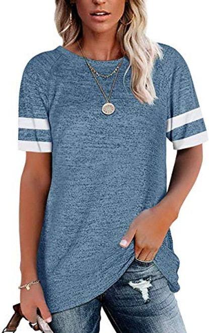 ANFTFH Tops for Women Crewneck T Shirt Short Sleeve Color Block Tunic Tops for Leggings Blue M ANFTFH Tops for Women Crewneck T Shirt Short Sleeve Color Block Tunic Tops for Leggings Blue M