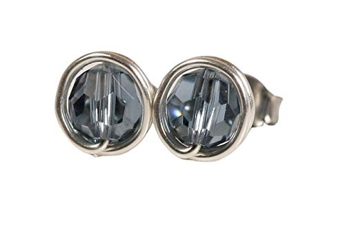 Sterling Silver Denim Blue Swarovski Crystal Stud Earrings Wire Wrapped Handmade Jewelry