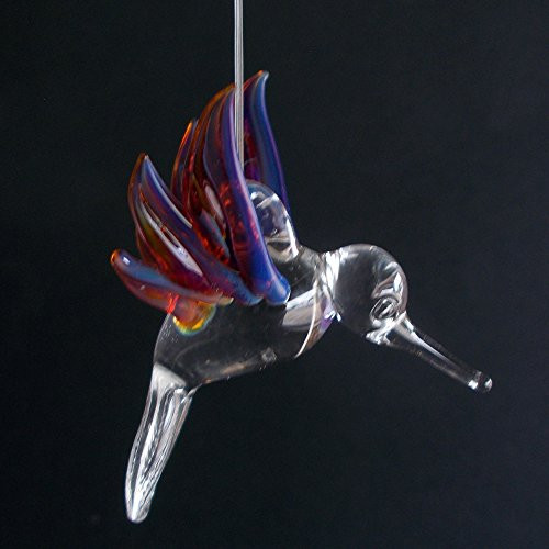 Hand Blown Glass Hanging Hummingbird with Amber Purple Wings Ornament
