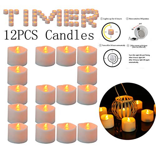 Xinind Tea Lights With Timer 12PCS Battery Powered LED Flameless Candles Yellow Flickering Votive Pillar Candles 6Hrs On 18Hrs Off,Home Wedding Party Decor Plastic Candles