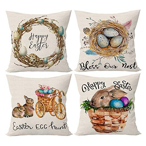 ÖSSZEFUT Easter Pillow Covers 18x18 Inch Set of 4 Bunny Bunnies Rabbit Happy Easter Eggs Hunt Home Decorations Farmhouse Throw Pillow Case Cotton Linen Cushion Case for Couch Sofa Patio Decorative ÖSSZEFUT Easter Pillow Covers 18x18 Inch Set of 4 Bunny Bunnies Rabbit Happy Easter Eggs Hunt Home Decorations Farmhouse Throw Pillow Case Cotton Linen Cushion Case for Couch Sofa Patio Decorative