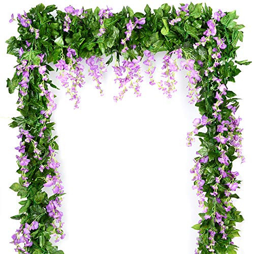 Wisteria Garland Artificial Silk Wisteria Vine 5pcs 7.2ft Piece Ivy Leaves Garland Wisteria Artificial Flowers Hanging Plants Greenery Fake Vines for Wedding Garland Arches Home Party Decor Purple