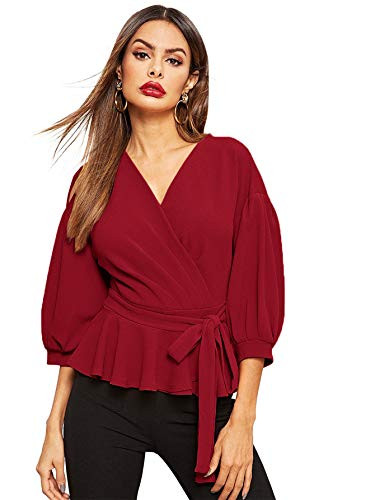 SheIn Women's Lantern 3 4 Sleeve V Neck Ruffle Blouse Tie Waist Wrap Peplum Top Scarlet Medium