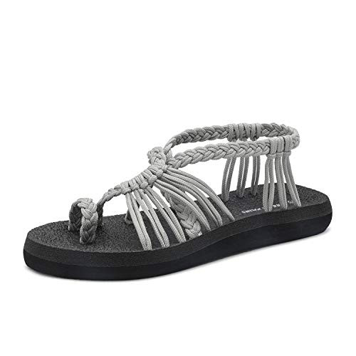 DREAM PAIRS Women's Grey Flat Sandals Summer Braided Strap Yoga Comfortable Beach Sandals Size 10 M US Athena_10