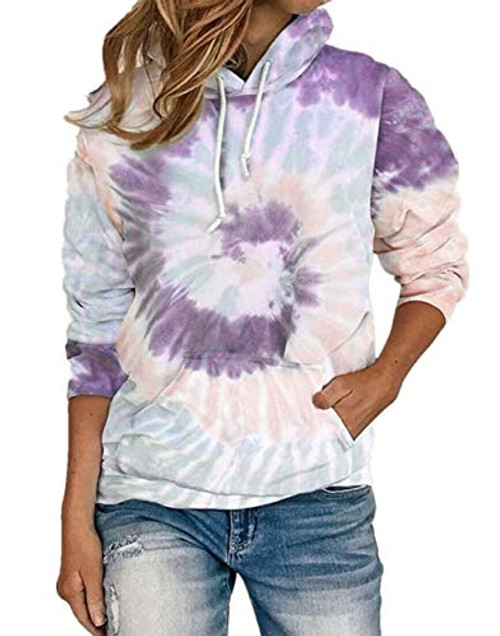 Nekosi Women's Tie Dye Hooded Sweatshirt Casual Long Sleeve Pullover Loose Print Hoodie Tops Purple L Nekosi Women's Tie Dye Hooded Sweatshirt Casual Long Sleeve Pullover Loose Print Hoodie Tops Purple L