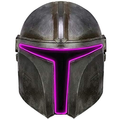 LED Light Up Mandalorian Helmet Glowing in The Dark Latex Boba Fett Full Head Mask Cosplay Deluxe Helmet Adults Purple