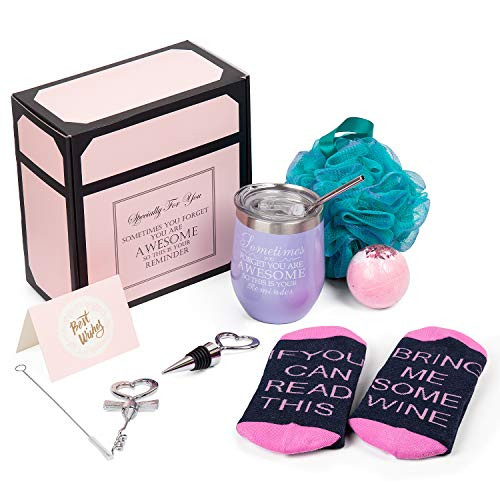 Wine Gifts for Women  Wine Tumbler Christmas Birthday Gift for Wife Sister Girlfriend Friend Lover  Wine Socks  Bottle Opener Stopper  Bath Bomb  Loofah Sponge  Greeting Card Purple