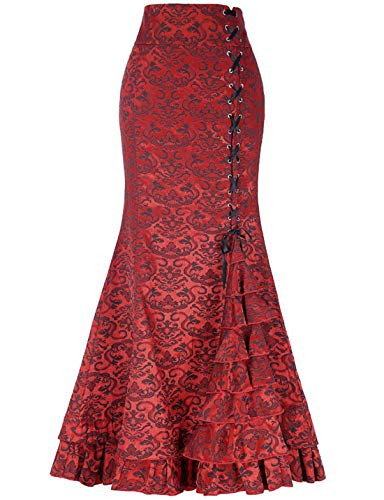 chouyatou Women's Retro Lace-Up Drawstring Tiered Ruffle Maxi Long Mermaid Pencil Skirt  Medium  Red