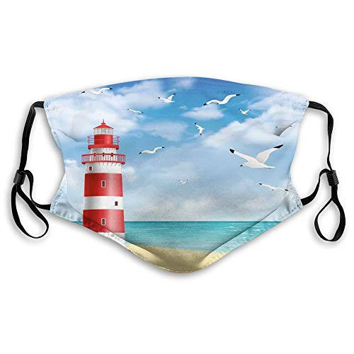 Comfortable Printed mask Beach  Realistic Illustration Lighthouse on Calm Seashore Flying Seagulls Ocean Scenery  Vermilion Blue Windproof Facial decorations for Teens Size?S