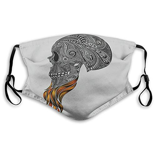 Comfortable Printed mask Indie  Abstract Skull with Floral Ornaments and Red Beard Patterns Punk Black Pale Grey Orange Windproof Facial decorations for Adults Size?M