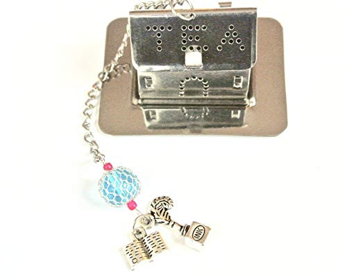 Book Tea Infuser with Quill and Inkwell Charm and Blue Bead