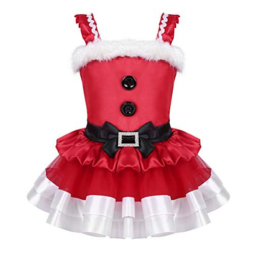 MSemis Girls Christmas Santa Dance Costume Sequins Tutu Dress with Hat Ice Ice Skating Stage Suit White and Red 4-5 Years