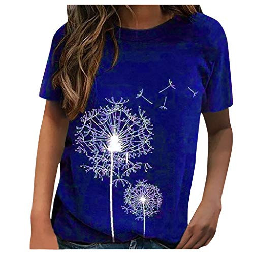 Womens Tops Plus Size Short Sleeve Summer Women O-Neck Dandelion Printed Tunic Tops Loose T-Shirt Casual Blouses Tee Blue