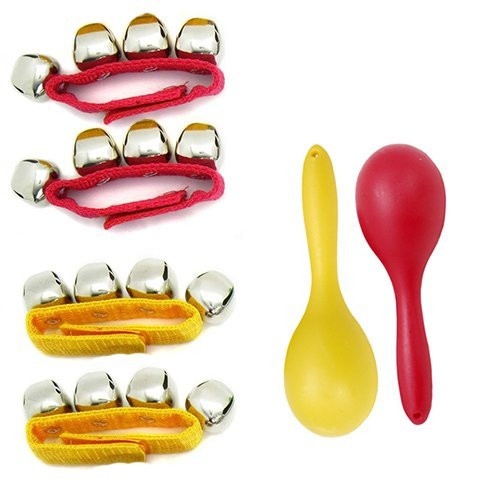 Children's Rhythm Toys - 4 Rhythm Band Wrist Bells  Plus 1 Pair of Maracas