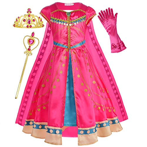 Princess Jasmine Costume Dress Up Clothes Fancy Arabian Outfit Attire with Cape Tiara Wand Gloves Accessories Set for Little Toddler Girls Kids Halloween Cosplay Birthday Party Size 7-8 Years