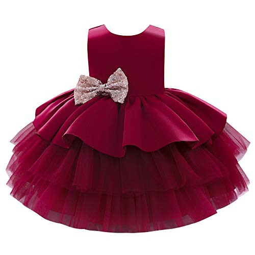 Flower Girls Sequins Bowknot Tutu Dress for Kids Baby Christening Baptism Birthday Party Formal Dress Toddler Princess Pageant Wedding Bridesmaid V-Back Puffy Tulle Dresses Wine Red 5-6 Years