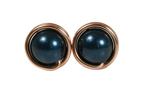 Rose Gold Blue Pearl Stud Earrings - Wire Wrapped Petrol Swarovski Pearl Handmade Jewelry