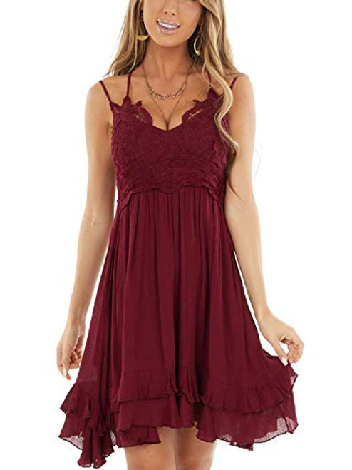 Womens Summer V Neck Cute Strappy Sleeveless Dresses Flowy Lace Mini Dresses with Pockets Wine Red Womens Summer V Neck Cute Strappy Sleeveless Dresses Flowy Lace Mini Dresses with Pockets Wine Red
