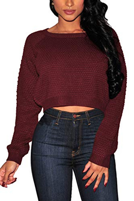 Pink Queen Women's Crop Sweater Long Sleeve Knit Pullover Top Burgundy Size XL