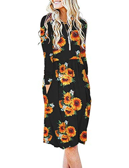 AUSELILY Women's Long Sleeve Pockets Empire Waist Loose Swing Casual Flare Print Floral Pleated Dress XL H Sunflower AUSELILY Women's Long Sleeve Pockets Empire Waist Loose Swing Casual Flare Print Floral Pleated Dress XL H Sunflower