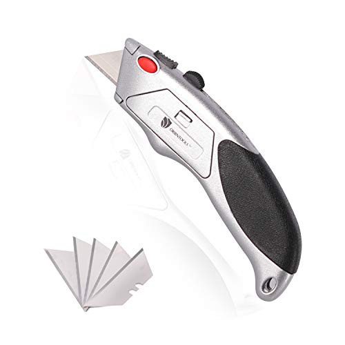 ORIENTOOLS Utility Knife Auto-Load Box Cutter Heavy Duty, Retractable 3 Position, Blade Storage with 6 Blades, Rubber Grip Handle (1-Pack)