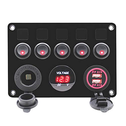 Boat 5 Gang Rocker Switch Panel for Car Rv Truck Marine Toggle Switches Waterproof 12V RED LED Aluminum Socket Panel with 4.2A Dual USB Charger Plus Cigarette Lighter Plus Voltmeter  5Gang RED