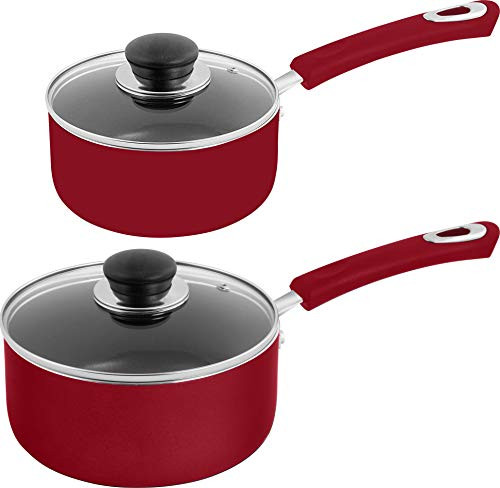 Utopia Kitchen Nonstick Saucepan Set - 1 Quart and 2 Quart - Glass Lid - Multipurpose Use for Home Kitchen or Restaurant - Red