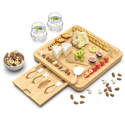 Bamboo Cheese Cutting Board - Charcuterie Board Set with Cutlery - Wood Cheese Board and Knife Serving Tray for Birthday Housewarming Wedding Gifts Bamboo Cheese Cutting Board - Charcuterie Board Set with Cutlery - Wood Cheese Board and Knife Serving Tray for Birthday Housewarming Wedding Gifts