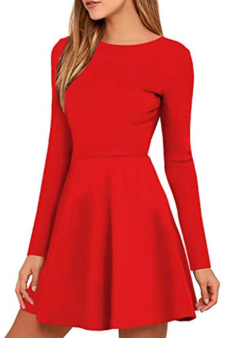 Jusfitsu Womens Long Sleeve Dress Casual Simple Dresses A-Line Midi Length Skirt Slim Fit Skater Dress Red XL