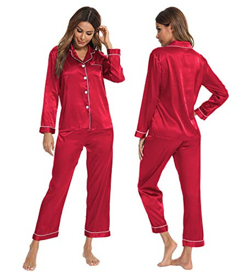 SWOMOG Womens Silk Satin Pajamas Long Sleeve Loungewear Two-Piece Sleepwear Button-Down Pj Set Red SWOMOG Womens Silk Satin Pajamas Long Sleeve Loungewear Two-Piece Sleepwear Button-Down Pj Set Red