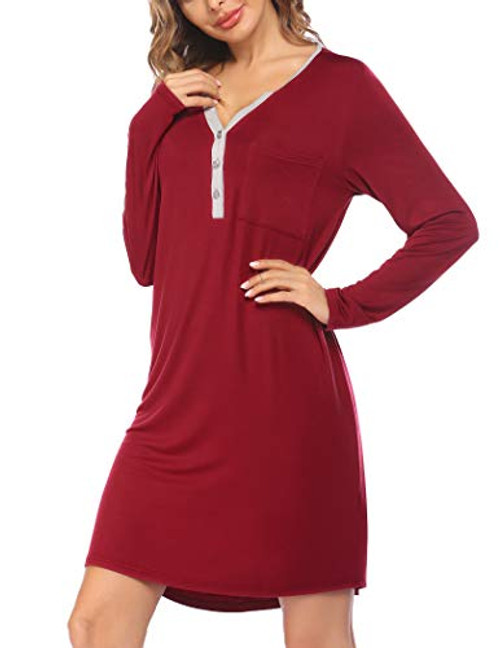 Ekouaer Women's Nightshirt Long Sleeve Button Down Nightgown Solid Color Sleepwear Pajama Dress Wine Red XL