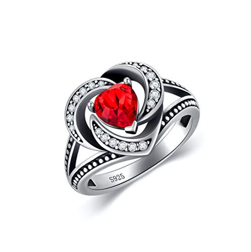 925 Sterling Silver Halo Heart Ring with Simulated Ruby Red Austrian Crystal for Women  Vintage Heart Promise Ring for Her  July Birthstone Jewelry  Size 8
