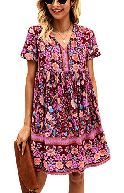 KIRUNDO Womens 2021 Summer Floral Mini Dress V Neck Bohemia Swing Dress Sleeveless Flowy Loose Badydoll Dress  Medium  Wine Red KIRUNDO Womens 2021 Summer Floral Mini Dress V Neck Bohemia Swing Dress Sleeveless Flowy Loose Badydoll Dress  Medium  Wine Red